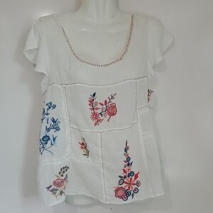 Anthropologie Floreat Embroidered Split Shoulder White Floral Blouse Sz S